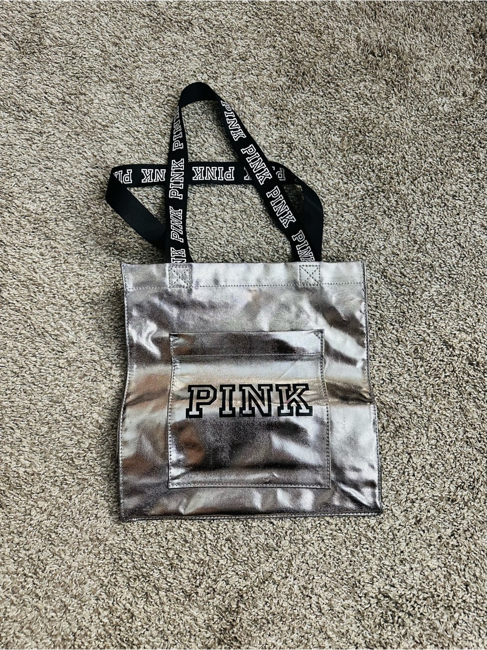 PINK Victoria's Secret Metallic Silver Tote with Black Logo Straps